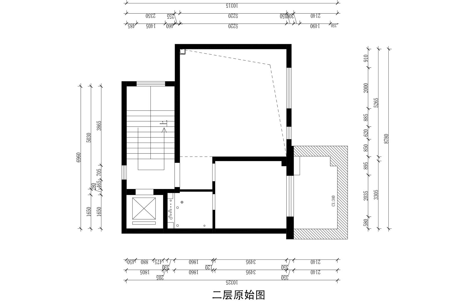 二層的臥室功能受限，缺失衣帽儲物功能，且衛(wèi)生間局促。經(jīng)結(jié)構(gòu)改造，封閉原挑空，一層的客廳功能細(xì)分出會客區(qū)和娛樂區(qū)，將娛樂區(qū)移至樓下層。二層加建后更改睡眠空間、增加儲物空間、重塑衛(wèi)生間，改善二層套間的居住感。