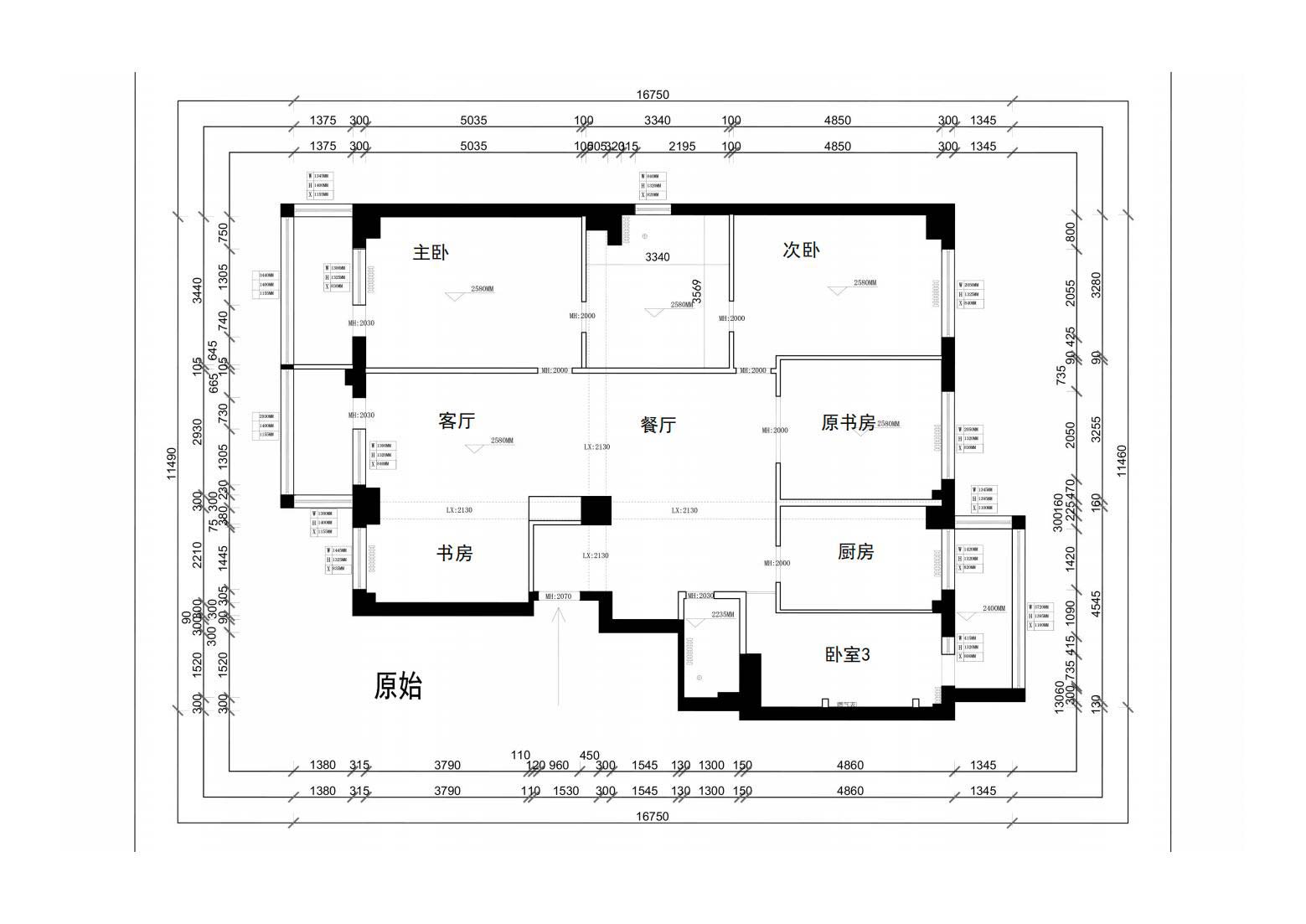 結構圖：整體結構規矩，但缺少公共活動空間，分割的比較零碎，房屋高度偏低的同時，有大量的房梁橫豎交錯，使整體空間很壓抑。