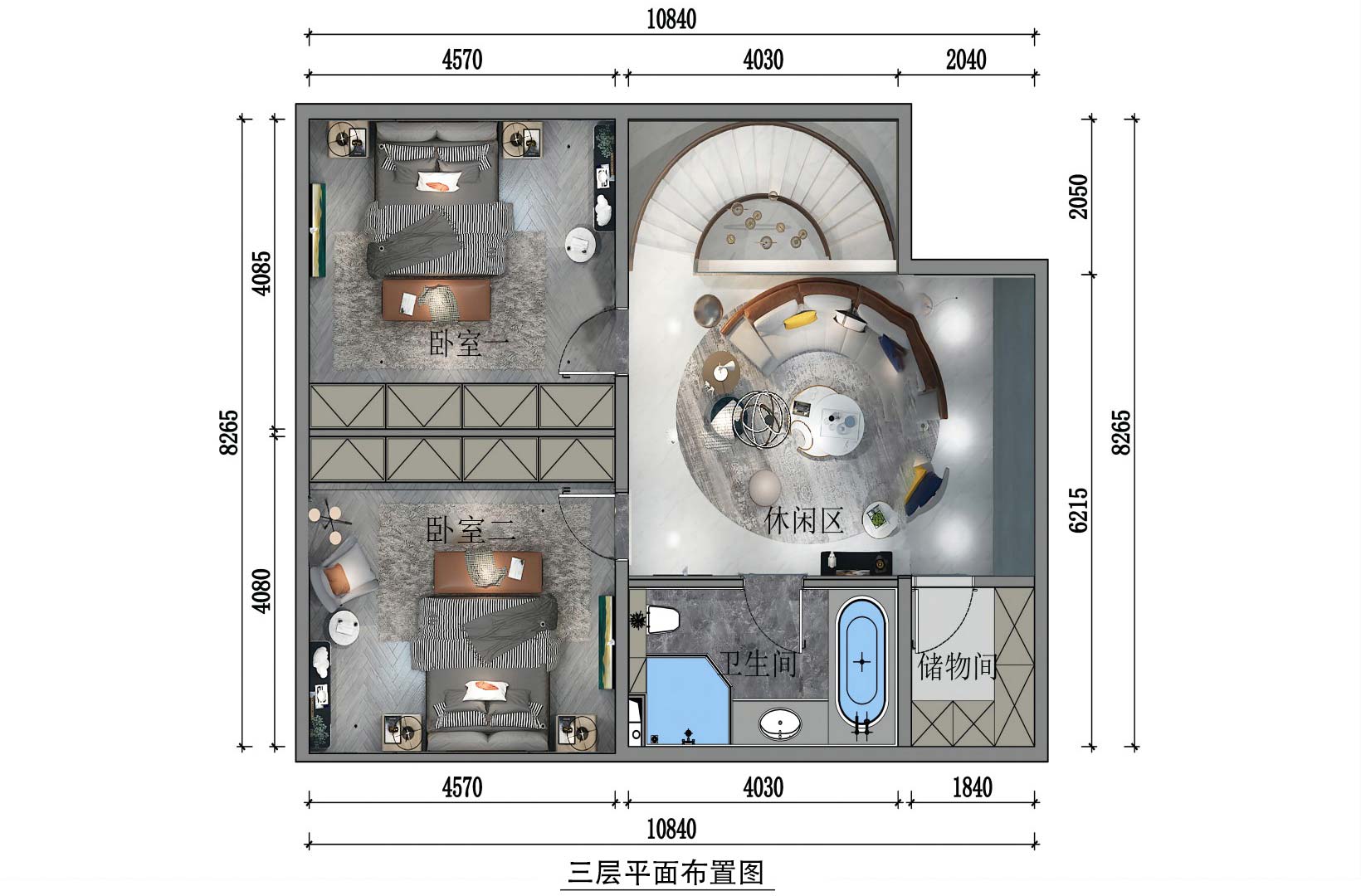 F3彩平圖：在原始格局上，搭建樓板，分為兩個臥室。將休閑區開放出來，布局方方正正，衛生間設計浴缸，并且在本層設計了小儲物間，供業主使用。