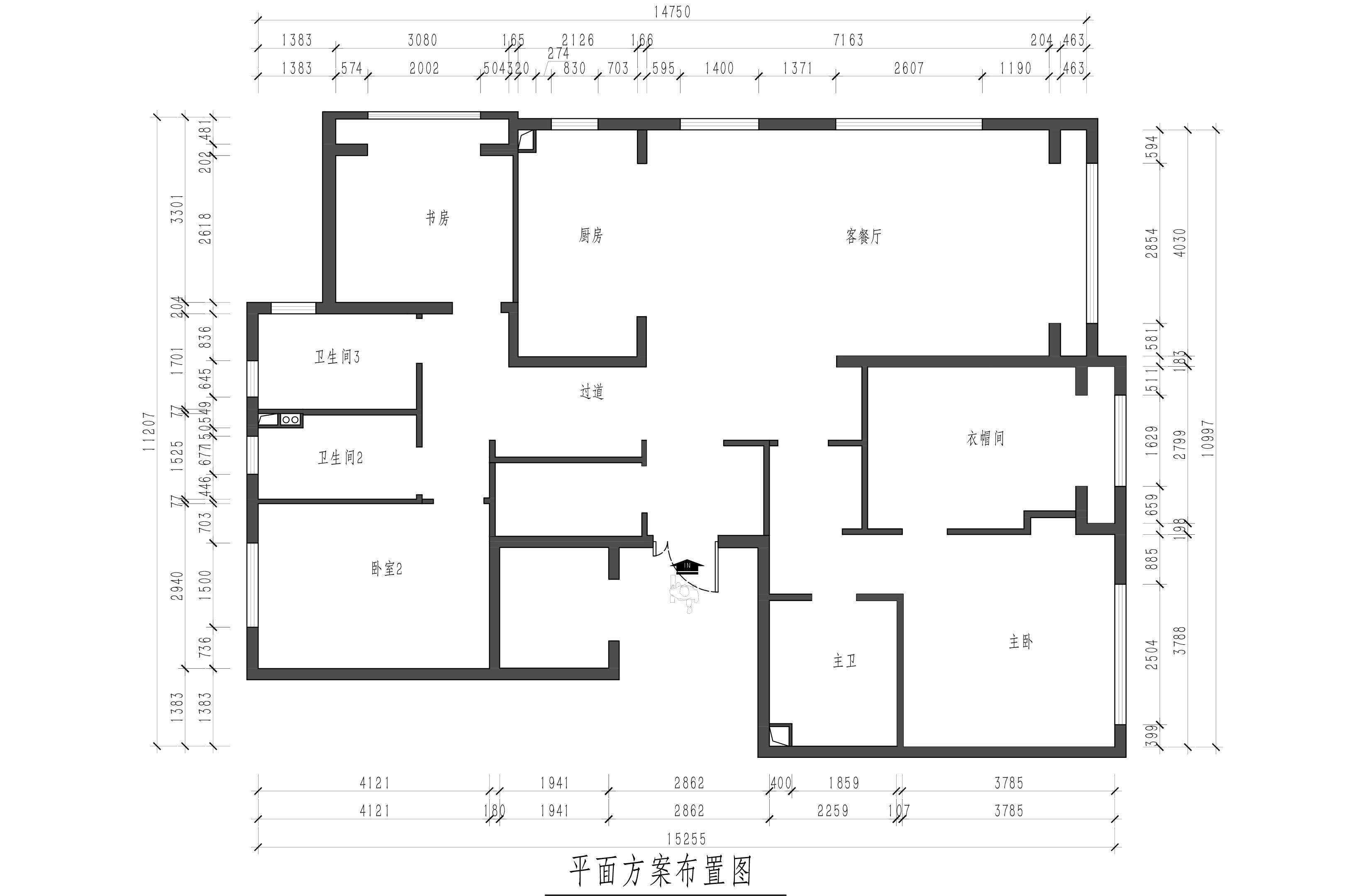 結構圖：進門的兩個儲物間面積太小，南邊的兩間臥室相距比較近，建議做成套間形式，增大主臥的儀式感和品質。